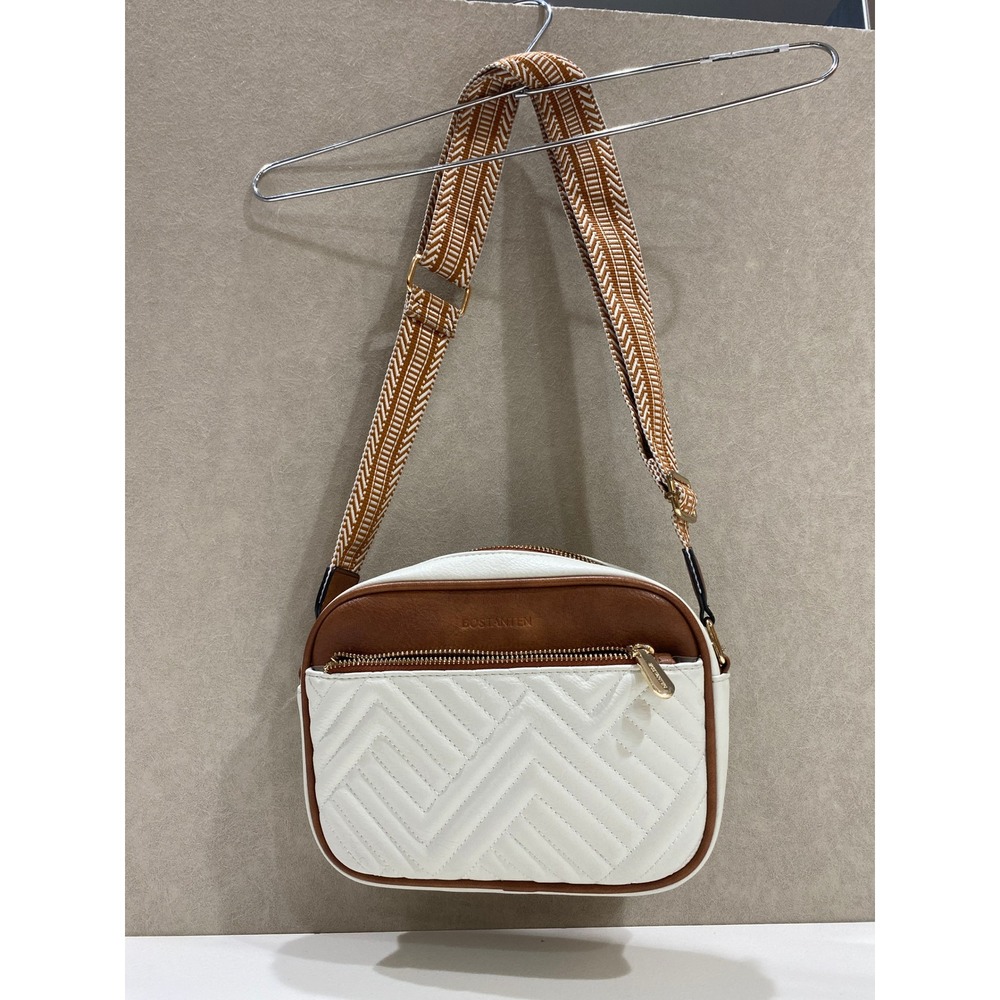 Bostanten White Brown Quilted Crossbody Camera Bag Woven Guitar Strap Gold Tone
